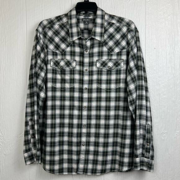 Eddie Bauer shirt mens 2XL classic fit Western Cut Pearl Snap green plaid/ check - Picture 1 of 7